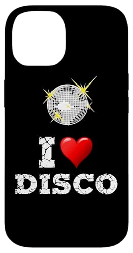 Hülle für iPhone 14 Lustiges 80er-Jahre-Design "I Love Disco" mit Discokugel und Herz von The 80s Store