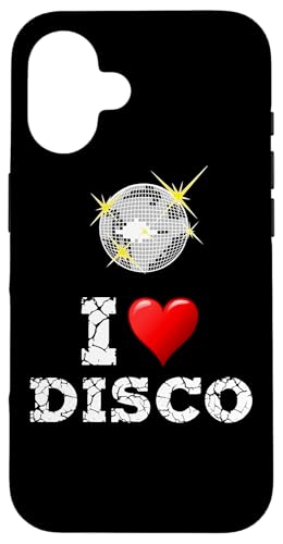 Hülle für iPhone 16 Lustiges 80er-Jahre-Design "I Love Disco" mit Discokugel und Herz von The 80s Store