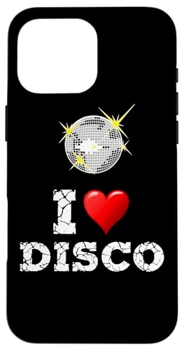 Hülle für iPhone 16 Pro Max Lustiges 80er-Jahre-Design "I Love Disco" mit Discokugel und Herz von The 80s Store