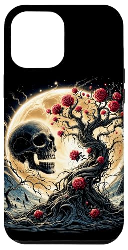 Hülle für iPhone 12 Pro Max Totenkopfbaum mit Rosen und Mond in mystischer Halloween-Kunst von The Cool and Spooky Halloween Art Store