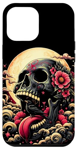 Hülle für iPhone 15 Plus Totenkopf, schwarzer Vogel, Mond und Blumen mischen sich in Halloween-Kunst von The Cool and Spooky Halloween Art Store