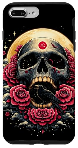 Hülle für iPhone 7 Plus/8 Plus Totenkopf, schwarzer Vogel, Mond und Blumen mischen sich in Halloween-Kunst von The Cool and Spooky Halloween Art Store