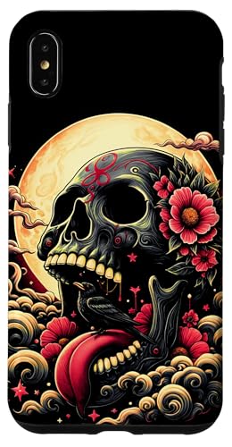 Hülle für iPhone XS Max Totenkopf, schwarzer Vogel, Mond und Blumen mischen sich in Halloween-Kunst von The Cool and Spooky Halloween Art Store