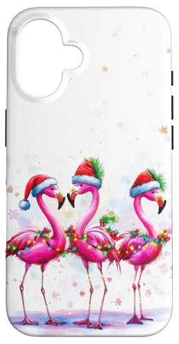 Hülle für iPhone 16 Festliche Gruppe von Flamingos in Weihnachtsmützen - von The Whimsy Cove Bazaar