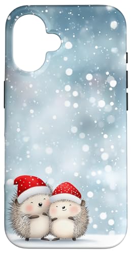 Hülle für iPhone 16 Niedliche Igel in Weihnachtsmützen mit Weihnachtsbeleuchtung von The Whimsy Cove Bazaar