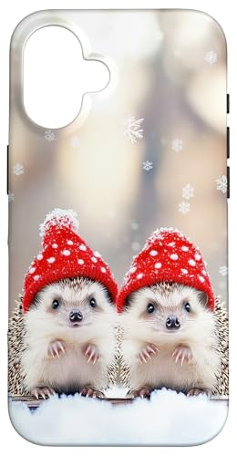 Hülle für iPhone 16 Niedliche Igel in Weihnachtsmützen mit Weihnachtsbeleuchtung von The Whimsy Cove Bazaar