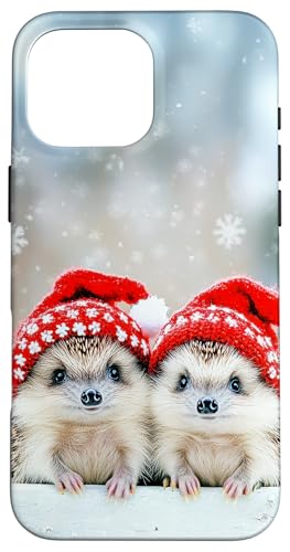 Hülle für iPhone 16 Pro Max Niedliche Igel in Weihnachtsmützen mit Weihnachtsbeleuchtung von The Whimsy Cove Bazaar