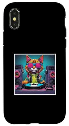 Hülle für iPhone X/XS Cat Music DJ-Plattenspieler zum Mischen von Schallplatten, Party-Grafik von The World Has Gone To Cats Graphic Art and Design