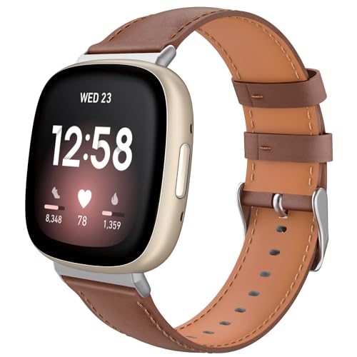 TiMOVO Leder Armband Kompatibel mit Fitbit Versa 4/Fitbit Versa 3/Fitbit Sense 2/Sense Uhrenarmband, Genarbtes Echtes Klassisches Leder Ersatzarmband für Damen und Herren, Braun von TiMOVO