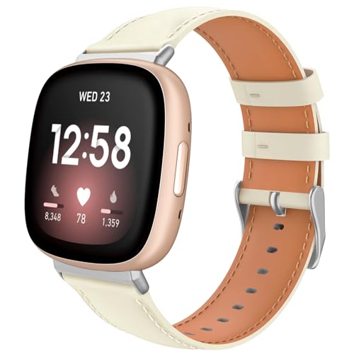 TiMOVO Leder Armband Kompatibel mit Fitbit Versa 4/Fitbit Versa 3/Fitbit Sense 2/Sense Uhrenarmband, Genarbtes Echtes Klassisches Leder Ersatzarmband für Damen und Herren, Sternenlicht von TiMOVO