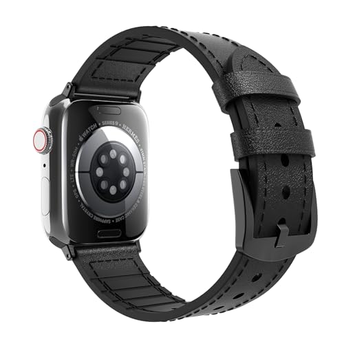 TiMOVO Lückenlos Leder-Hybrid-Silikon Armband Kompatibel mit Apple Watch Series 8 7 6 5 4 3 2 1 SE 38/40/41mm, Schnellverschluss Leder Uhrenarmband für Damen Herren,Schwarz von TiMOVO