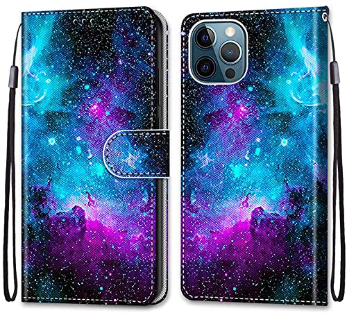 Tiahf Hülle für iPhone 12 Pro Max (6.7 Zoll) Handyhülle, Flip Case mit Muster Bunt Kartenfach Geldfach Leder Klappbar Magnet Schutzhülle Klapphülle Handytasche für iPhone 12 Pro Max,Blau Lila von Tiahf