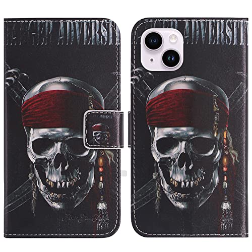 TienJueShi Totenkopf Flip Book Stand Brieftasche Leder Tasche Schütz Hülle Handy TPU Silikon Case Abdeckung Wallet Cover Etüi Für Apple iPhone 16 Plus 6.7 inch von TienJueShi