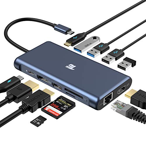 USB C Hub, Adapter, Tiergrade 12 in 1 Triple Display Adapter mit Dual 4K HDMI, DisplayPort, 100 W PD 3.0, RJ45 Ethernet, USB-A USB-C Anschlüsse, TF/SD Kartenleser für MacBook und Typ C Laptops von Tiergrade