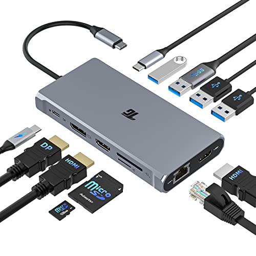 USB C Hub, USB C Adapter, Tiergrade 12 in 1 Triple Display Adapter mit Dual 4K HDMI, DisplayPort, 100 W PD 3.0, RJ45 Ethernet, USB-A USB-C Anschlüsse, TF/SD Kartenleser für MacBook und Typ C Laptops von Tiergrade