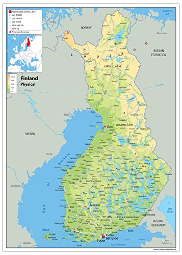 Physische Karte von Finnland, laminiertes Papier [GA] A1 Size 59.4 x 84.1 cm von Tiger Moon