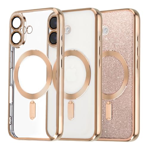 Tikgue Handyhülle für iPhone 16 Hülle Magnetisch,[Kompatibel mit Magsafe][Glitzer Karte] Transparent TPU Silikon Schutzhülle Stoßfest Kameraschutz Clear Case für iPhone 16 - Gold von Tikgue