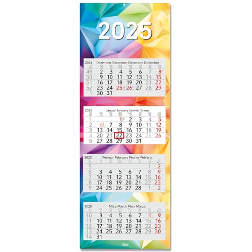 timr 4-Monatskalender 2025 Bunt I Wandkalender 4 Monate I 33 x 90 cm I mehrsprachig D/GB/F/ES I Jahresplaner mit Schieber Mehrblatt-Kalender I bunt Mosaik Regenbogen I tr_253 von Timr