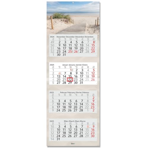 timr 4-Monatskalender 2025 Dünen I Wandkalender 4 Monate I 33 x 90 cm I mehrsprachig D/GB/F/ES Jahresplaner mit Schieber Mehrblatt-Kalender I Urlaubs-Motiv Meer Hell Sand Bild Foto I tr_248 von Timr