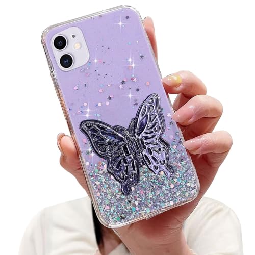 Nadoli Sparkle 3D Ständer Hülle für iPhone 11,Versteckt Ständer Schmetterling Klar Glitzer Stern Handyhülle Durchsichtig Bling Schutzhülle Case Cover,Lila von Tivenfezk