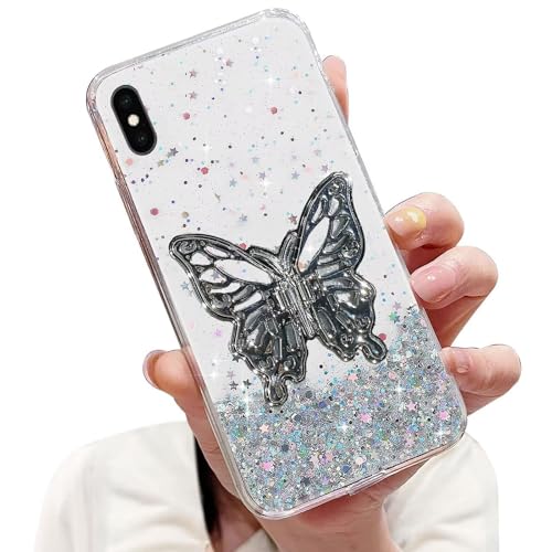 Nadoli Sparkle 3D Ständer Hülle für iPhone X/XS,Versteckt Ständer Schmetterling Klar Glitzer Stern Handyhülle Durchsichtig Bling Schutzhülle Case Cover,Klar von Tivenfezk