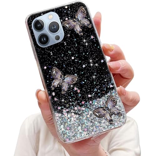 Nadoli für iPhone 15 Pro Max Sparkle Stern Hülle,Gold Schmetterling Entwurf Klar Glitzer Mädchen Handyhülle Durchsichtig Bling Schutzhülle Case Cover,Schwarz von Tivenfezk