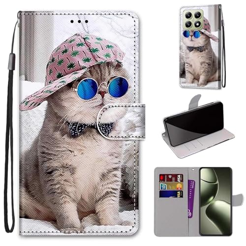 Tivenfezk Handyhülle Leder für Xiaomi 14T,Bunt Bemalt Brille Katze Trageschlaufe Kartenfach Magnet Ständer Schutzhülle Brieftasche Etui von Tivenfezk