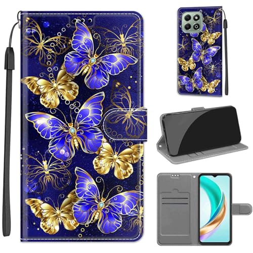 Tivenfezk Handyhülle PU Leder für Honor X6B,Bunt Bemalt Gold Schmetterling Trageschlaufe Kartenfach Magnet Ständer Schutzhülle Brieftasche Cover von Tivenfezk