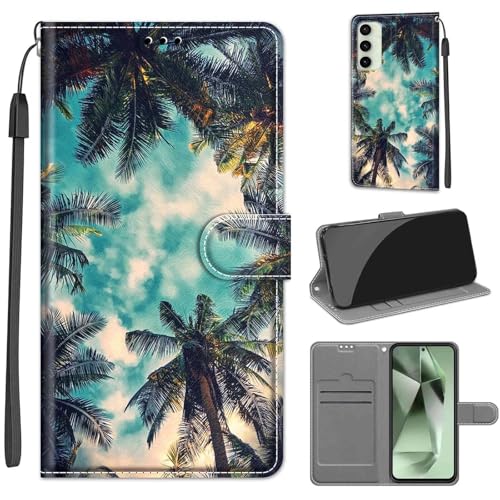 Tivenfezk Handyhülle PU Leder für Samsung Galaxy A16 5G,Bunt Bemalt Kokosnuss Baum Trageschlaufe Kartenfach Magnet Ständer Schutzhülle Brieftasche Cover von Tivenfezk