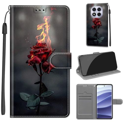 Tivenfezk Handyhülle PU Leder für Xiaomi Redmi Note 14 Pro 5G,Bunt Bemalt Feuer Rose Blume Trageschlaufe Kartenfach Magnet Ständer Schutzhülle Brieftasche Cover von Tivenfezk