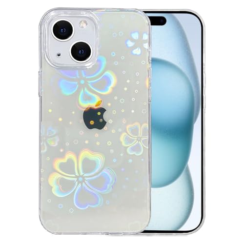 Tksafy Kompatible iPhone 15 Hülle, Clear Glitter Cute Laser Holographic Floral Pattern Design for Women Girls, Anti-Yellow Hard PC Shockproof Protective Cover for iPhone 15, Rainbow Leaf Flower von Tksafy