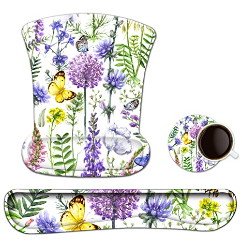 ToLuLu Tastatur-Pad, ergonomisches Gel-Mauspad für Computer, Laptop, Büro, Mauspad, Tastatur-Handgelenkstütze, Memory-Schaum für einfaches Tippen, violettes Blumenmuster, gelber Schmetterling von ToLuLu