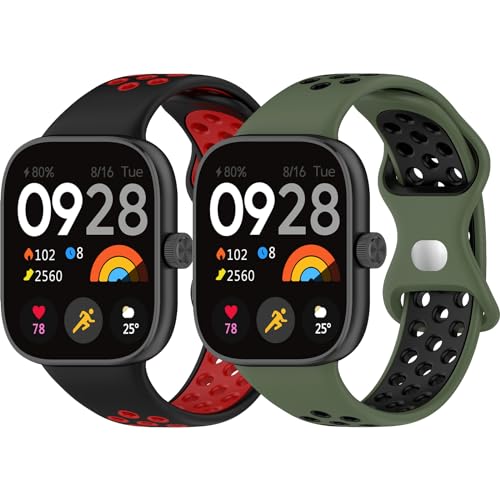 ToVioc Silikon Armband für Xiaomi Smart Band 9 Pro/Xiaomi Smart Band 8 Pro Uhrarmband Weich Atmungsaktiv Sport Ersatzarmband für Xiaomi Redmi Watch 4 - Olivgrün Schwarz + Schwarz Rot von ToVioc