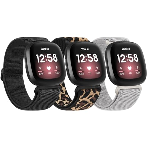 Tobfit 3Stück Armband für Fitbit Versa 3 Armband Herren Damen,Nylon Elastisch Verstellbares Elastische Uhrenarmband für Fitbit Versa 4 Armband/Fitbit Sense/Sense 2 Armband(Schwarz/Leopard/Grün) von Tobfit