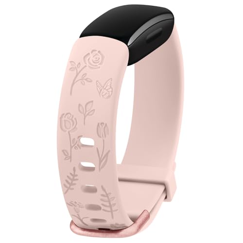 Tobfit Armband für Fitbit Inspire 2 Armband Damen Herren,Silikon Floral Gravierte Sport Weiches Verstellbare Ersatzarmbänder Uhrenarmband Nur für Fitbit Inspire 2(Rosa) von Tobfit