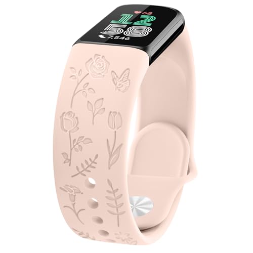 Tobfit für Fitbit Charge 5 Armband Fitbit Charge 6 Armband für Damen,Silikon Floral Gravierte Sport Weiches Ersatzarmbänder für Fitbit Charge 6/Charge 5(Rosa) von Tobfit