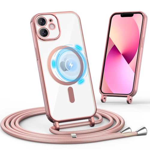 Togestar Handykette Hülle für iPhone 12/12 Pro Handyhülle mit Band, Magnetische Necklace Schnur Schutzhülle Kameraschutz Herz Stoßfeste Schutzhülle Silikon Kordel zum Umhängen, Rose von Togestar