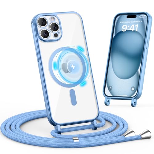 Togestar Handykette Hülle für iPhone 16 Pro Max Handyhülle mit Band, Magnetische Necklace Schnur Schutzhülle Kameraschutz Herz Stoßfeste Schutzhülle Silikon Kordel zum Umhängen, Blau von Togestar