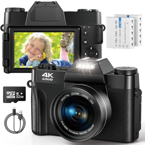 4K UHD Digitalkamera, Toiauaha 56MP AutoFocus Fotokamera Fotoapparat mit 32GB Micro SD Karte & 2 1500mAh Akkus 3" 180° Flip Bildschirm Blitz Kompaktkamera mit 16X Digitalzoom für Anfänger Erwachsene von Toiauaha