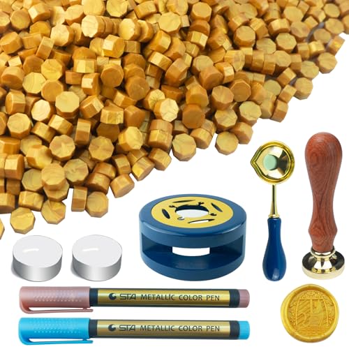 Wachs Siegel Stempel Kit Tomgenrine, Enthält 500 PCS Wachsperlen, Stempel zum Versiegeln von Wachs, Wachsperlenwärmer, Löffel zum Versiegeln von Wachs, Teelichter, Metallstifte.(Gold Kit） von Tomgenrine