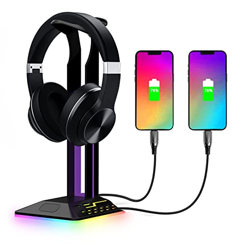 Tonysa RGB-Kopfhörerständer mit 2 USB 2.0-Anschlüssen, Schreibtisch-Gaming-Headset-Halter, Aufhänger mit RGB-Lichtern, Headset-Ständer, Gaming-Schreibtischzubehör für Alle Kopfhörer von Tonysa