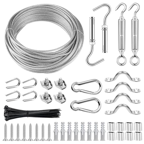 TooTaci Drahtseil 3mm Set, 304 Edelstahl Stahldraht Kabel 7×7, 20M Stahlseil Ummantelt aus Vinyl, Stahlseil mit Ösen,Seilspanner Spanngarnitur,Haken, M3 Klemme,für Lichterkette Hängen von TooTaci