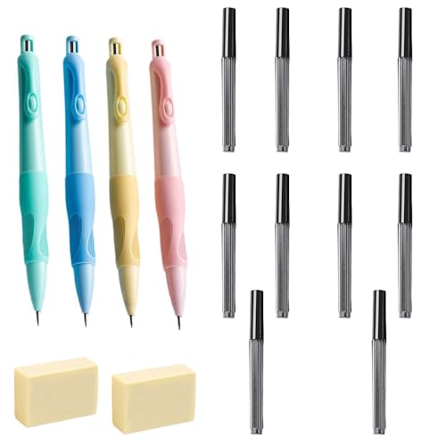 Niedlicher Druckbleistift Set, 4 Stück 2 mm Ergonomische Griffstift mit 80 Bleistiftminen und 2 Radiergummis für Schreiben Zeichnung Haus Büro Schule Zubehör von TopHomer