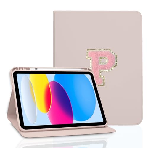 TopPerfekt Schutzhülle für iPad 10. Generation 27,7 cm (10 Zoll) 2022, Chenille-Buchstabennaht, personalisierte iPad 11 Zoll Hülle mit automatischer Sleep/Wake-Funktion, Stifthalter (Rosa, P) von TopPerfekt