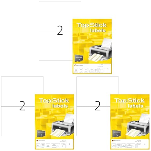 TopStick 8718 Universal Etiketten, 100 Blatt, 210 x 148 mm, 2 pro A4 Bogen, 200 Stück, selbstklebend, bedruckbar, matt, blanko Papier Klebeetiketten Aufkleber, weiß (Packung mit 3) von TopStick