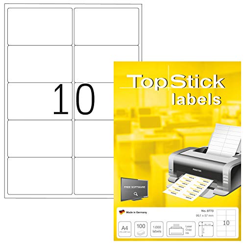 TopStick 8773 Adressetiketten, 1000 Blatt, 99,1 x 57 mm, 10 pro A4 Bogen, 10000 Stück, selbstklebend, bedruckbar, matt, blanko Papier Adressaufkleber Etiketten, weiß von TopStick