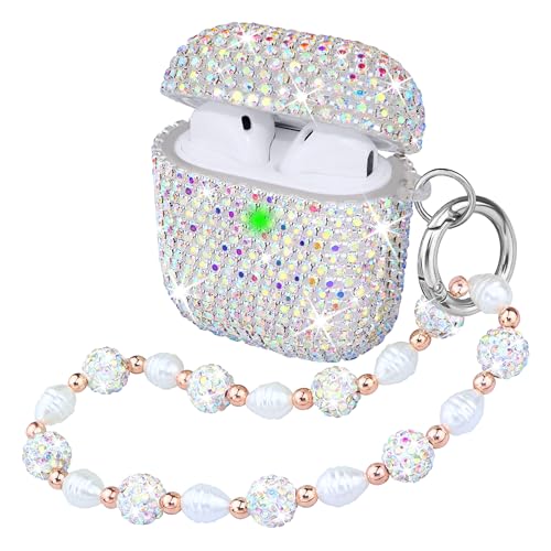 Kompatibel mit AirPods Hülle Diamant Glitzer Schutzhülle für Airpods 2 & 1 mit Schlüsselanhänger für Mädchen Frauen (Front-LED Sichtbar) Sparkle Glänzend von Topgraph