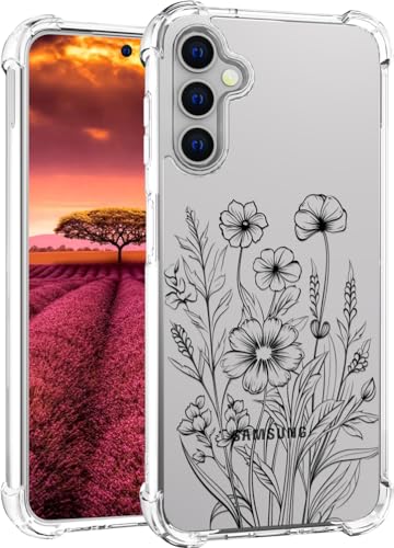 für S24 Hülle, Transparent Blume Muster Schutzhülle für Frauen Mädchen Kratzfeste Rückseite HandyHülle Case für Samsung Galaxy S24 (Botanische Schwarze Blumen) von Topgraph