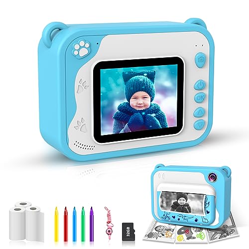 Tosaju Kinderkamera mit Sofortdruck, 2,4 Zoll, 1080p, Digitalkamera, 32 GB, SD-Karte, Stift 5 Farben, Geschenk mit Tasche für Jungen von Tosaju