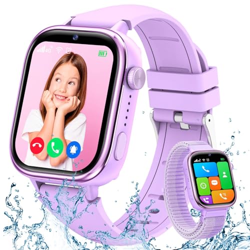 TotsyFun 4G Smartwatch Kinder, IP68 Wasserdicht Smartwatch mit GPS, SOS, Telefon, HD Videoanruf, Voice Chat, Schulmodus, Schrittzähler, Wecker, Schlafen, Kinderuhr für Mädchen und Jungen, Lila von TotsyFun